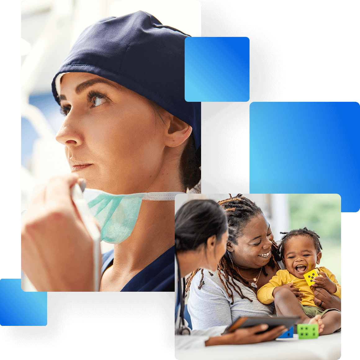 Woman in hospital gown and mother holding baby and tablet.